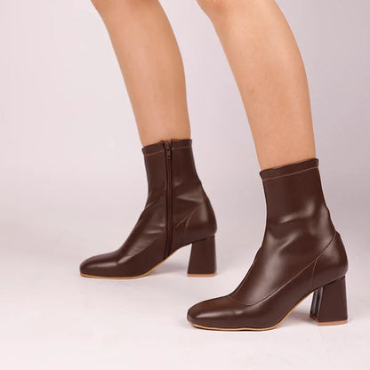 Stretch Leather Mid-Heel Ankle Boots-612