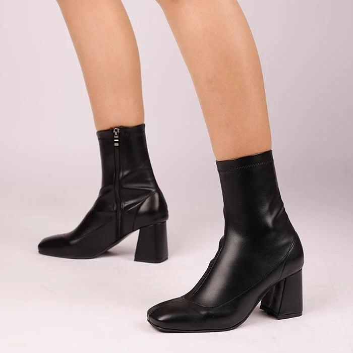 Stretch Leather Mid-Heel Ankle Boots-612