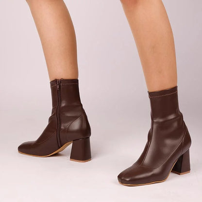 Stretch Leather Mid-Heel Ankle Boots-612