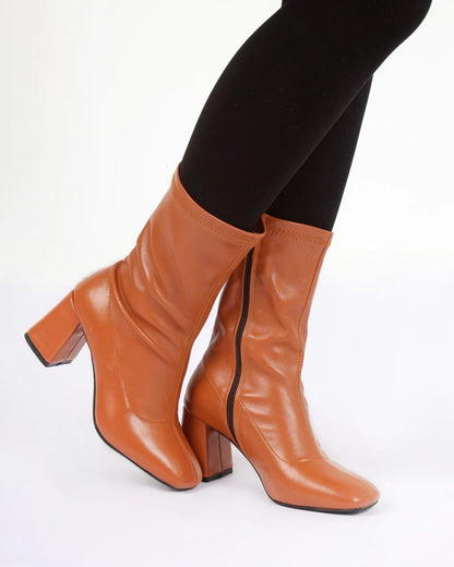 Stretch Leather Mid-Heel Ankle Boots-612