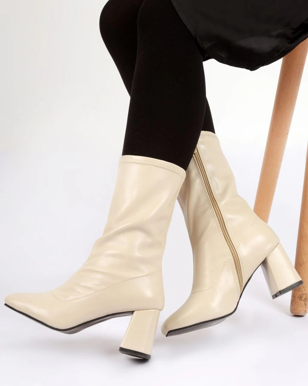 Stretch Leather Mid-Heel Ankle Boots-612